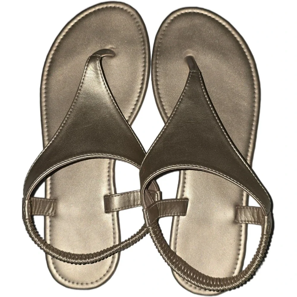 Metallic Gold Flat Thong Sandal Elastic Slingback T-Strap Summer Shoe Sz 40, 9